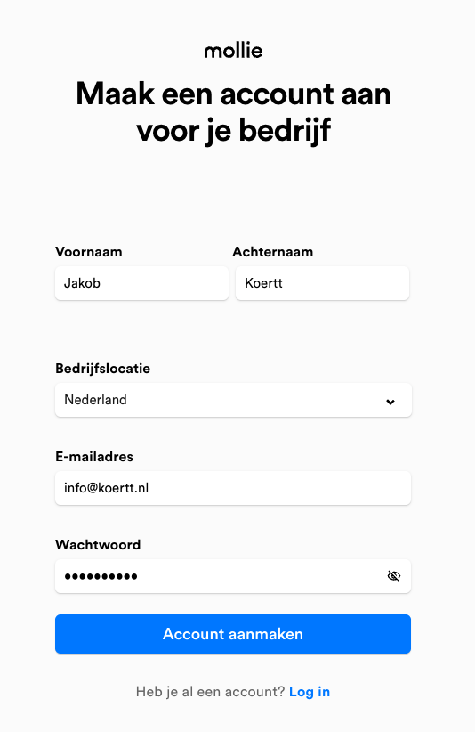 aanmeldpagina van mollie