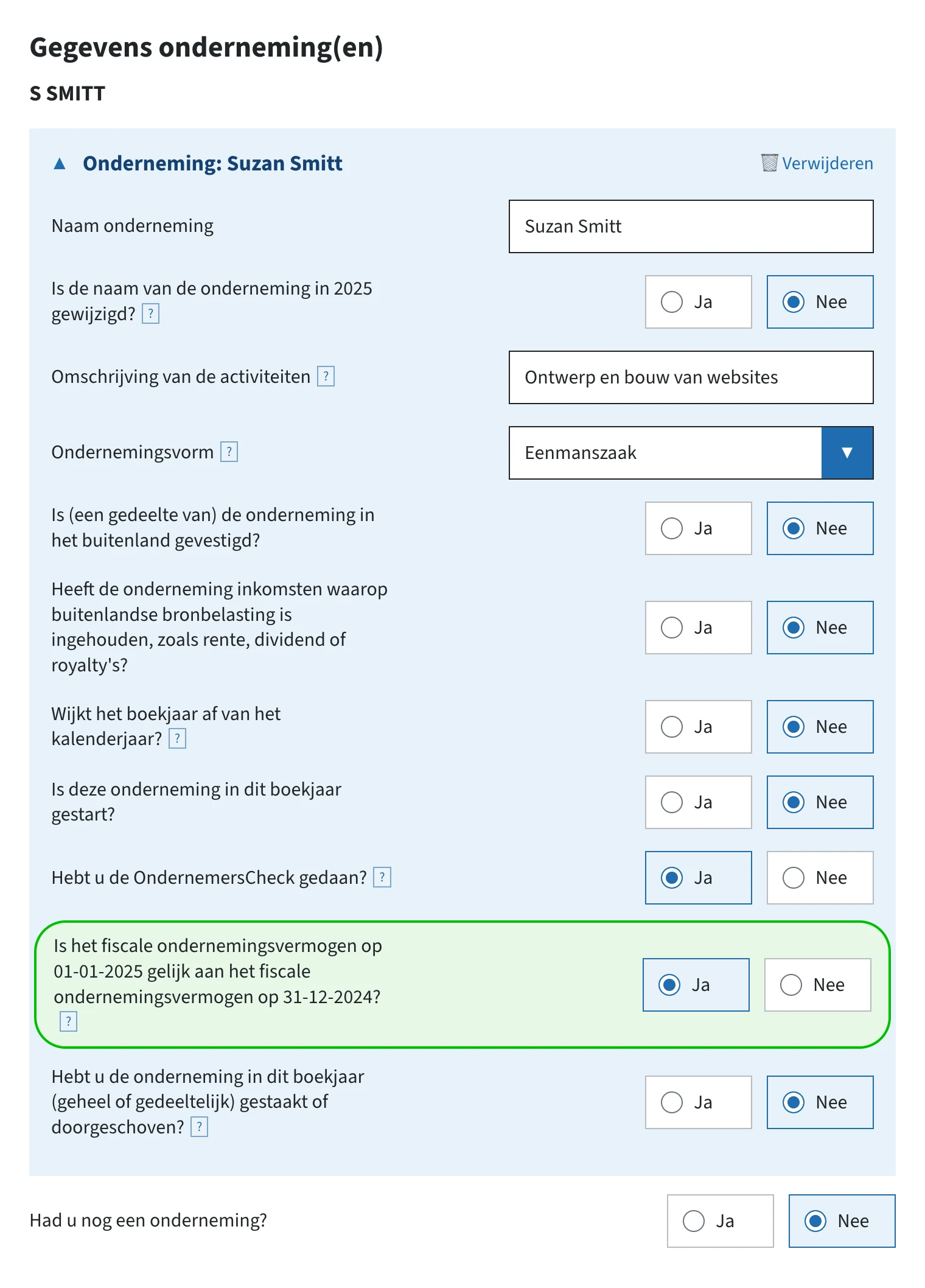 Het scherm gegevens onderneming(en) in de ib-aangifte