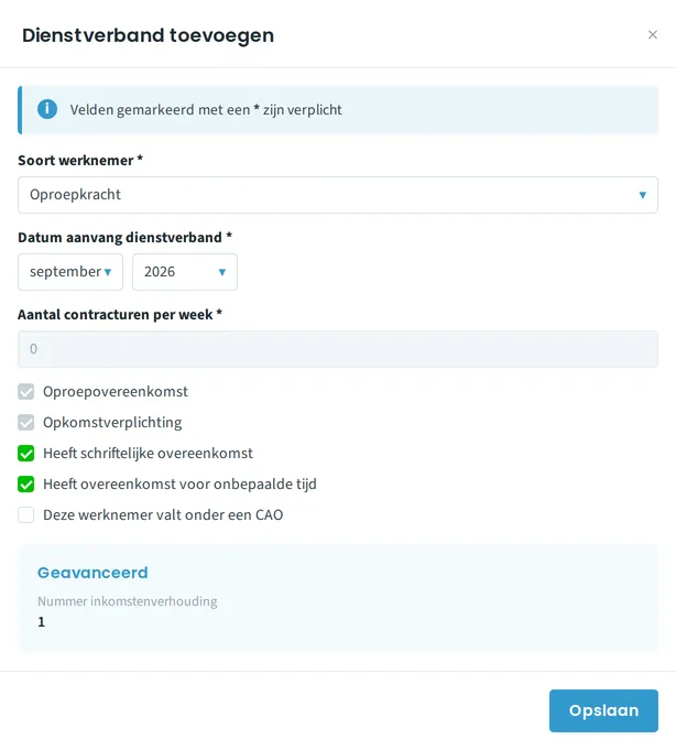 Het paneel Dienstverband toevoegen met Soort werknemer op Oproepkracht