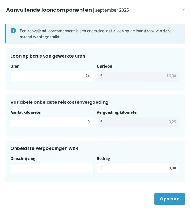 Het paneel Aanvullende looncomponenten met het blok Loon op basis van gewerkte uren