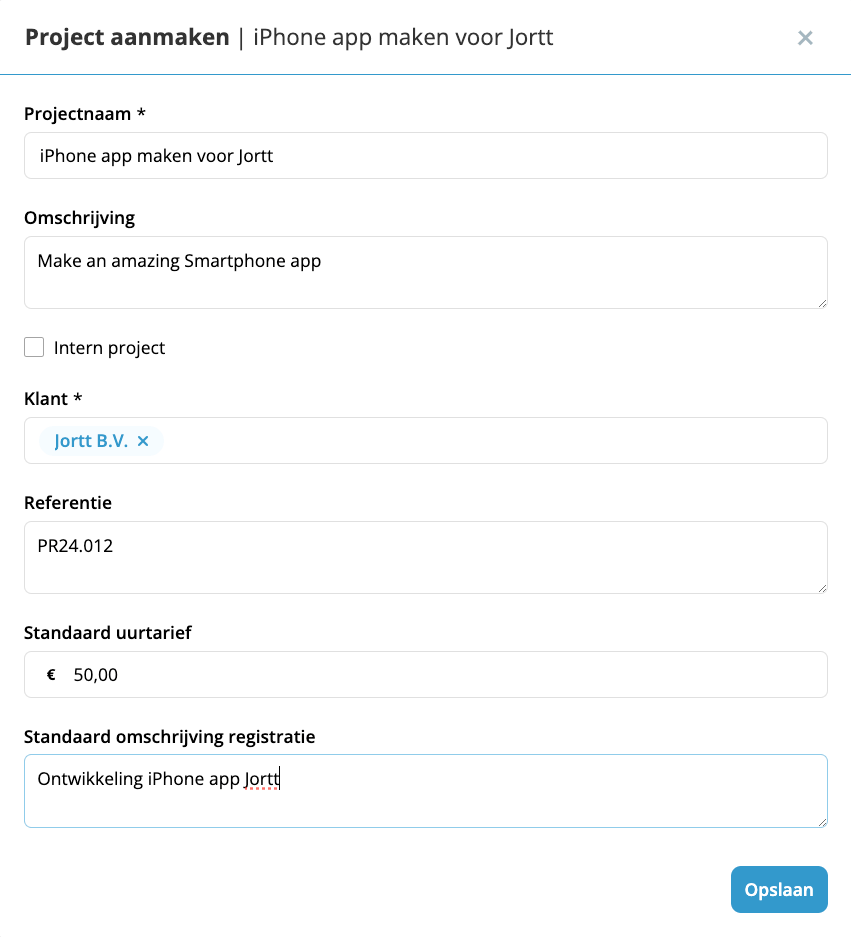 maak een project aan in jortt