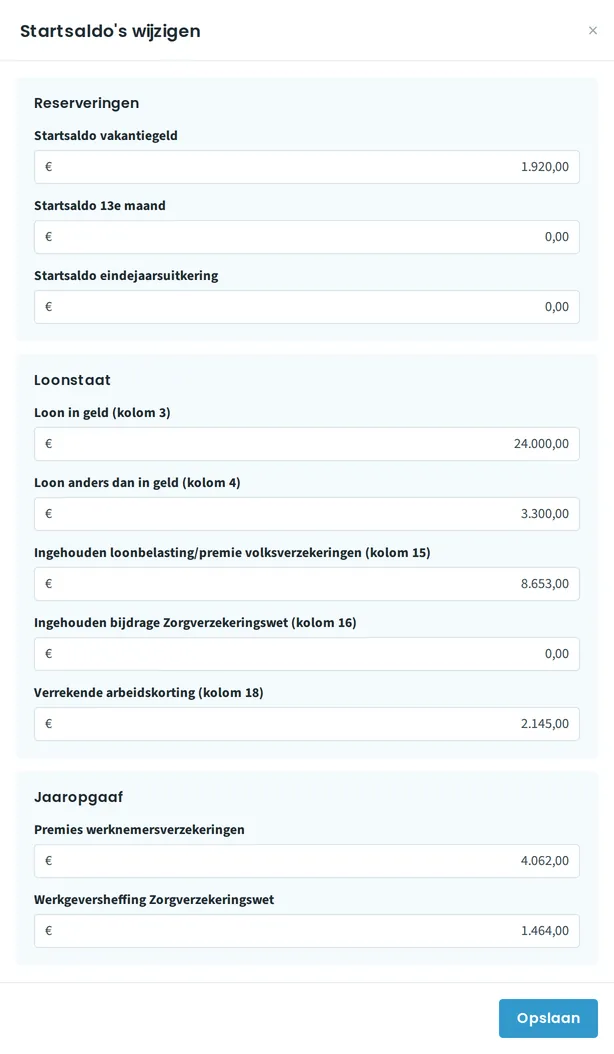 Het paneel Startsaldo's met de blokken Reserveringen, Loonstaat en Jaaropgaaf