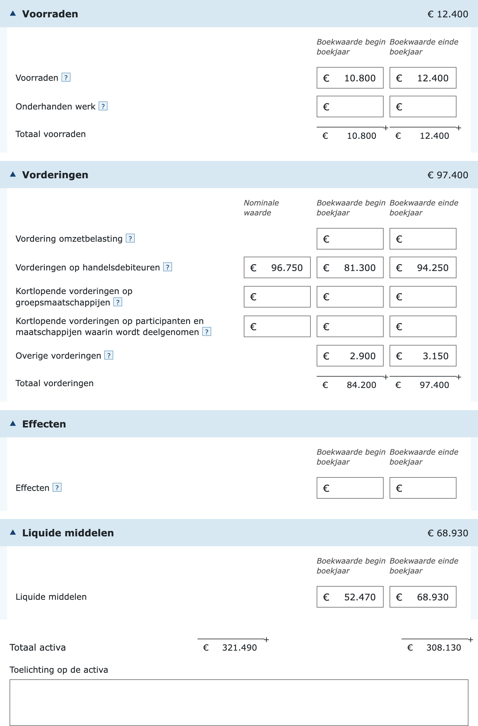 Invulvelden vlottende activa in de vpb-aangifte
