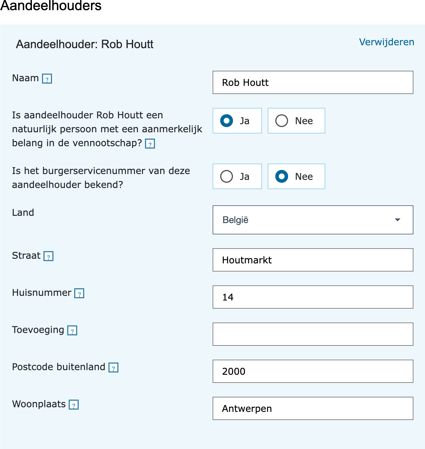 Adresvelden van een aandeelhouder zonder burgerservicenummer in de vpb-aangifte