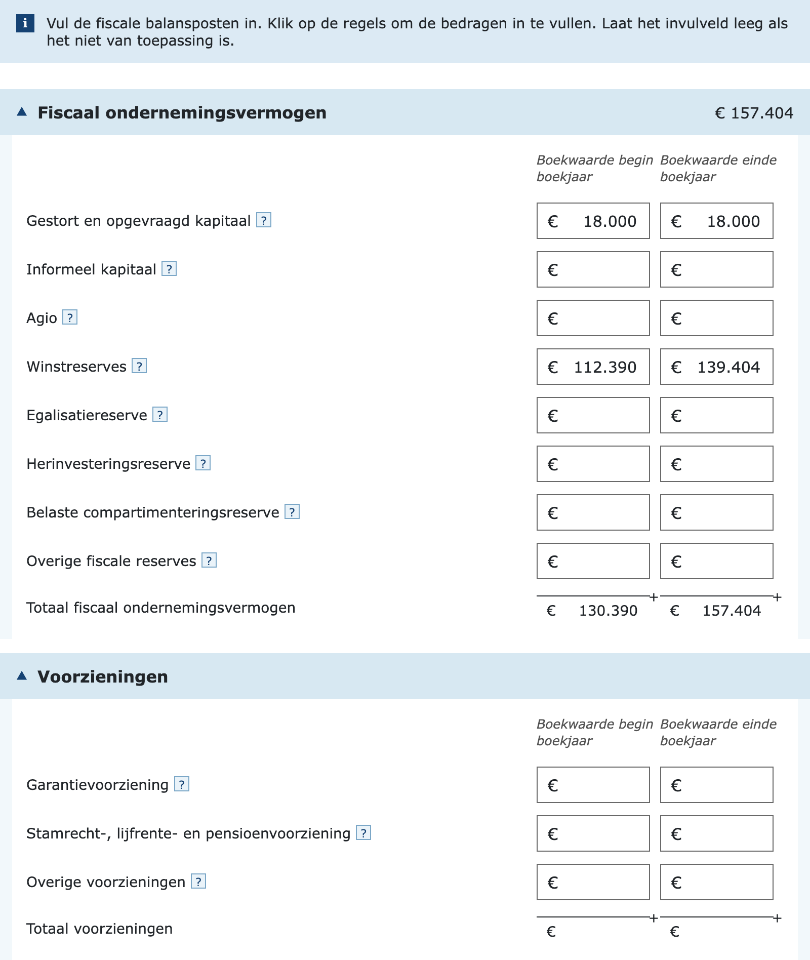 Invulvelden fiscaal ondernemingsvermogen en voorzieningen in de vpb-aangifte