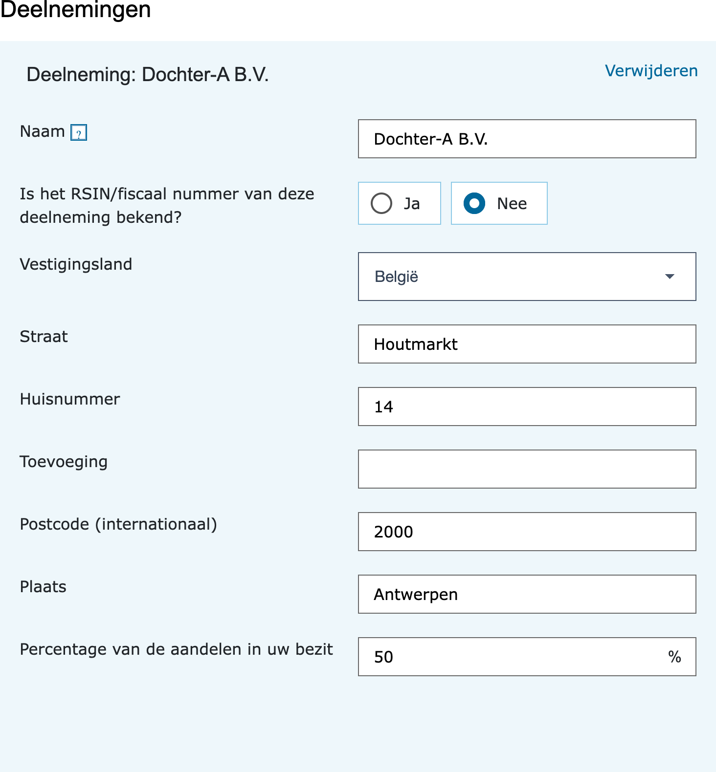 Adresvelden van een buitenlandse deelneming in de vpb-aangifte