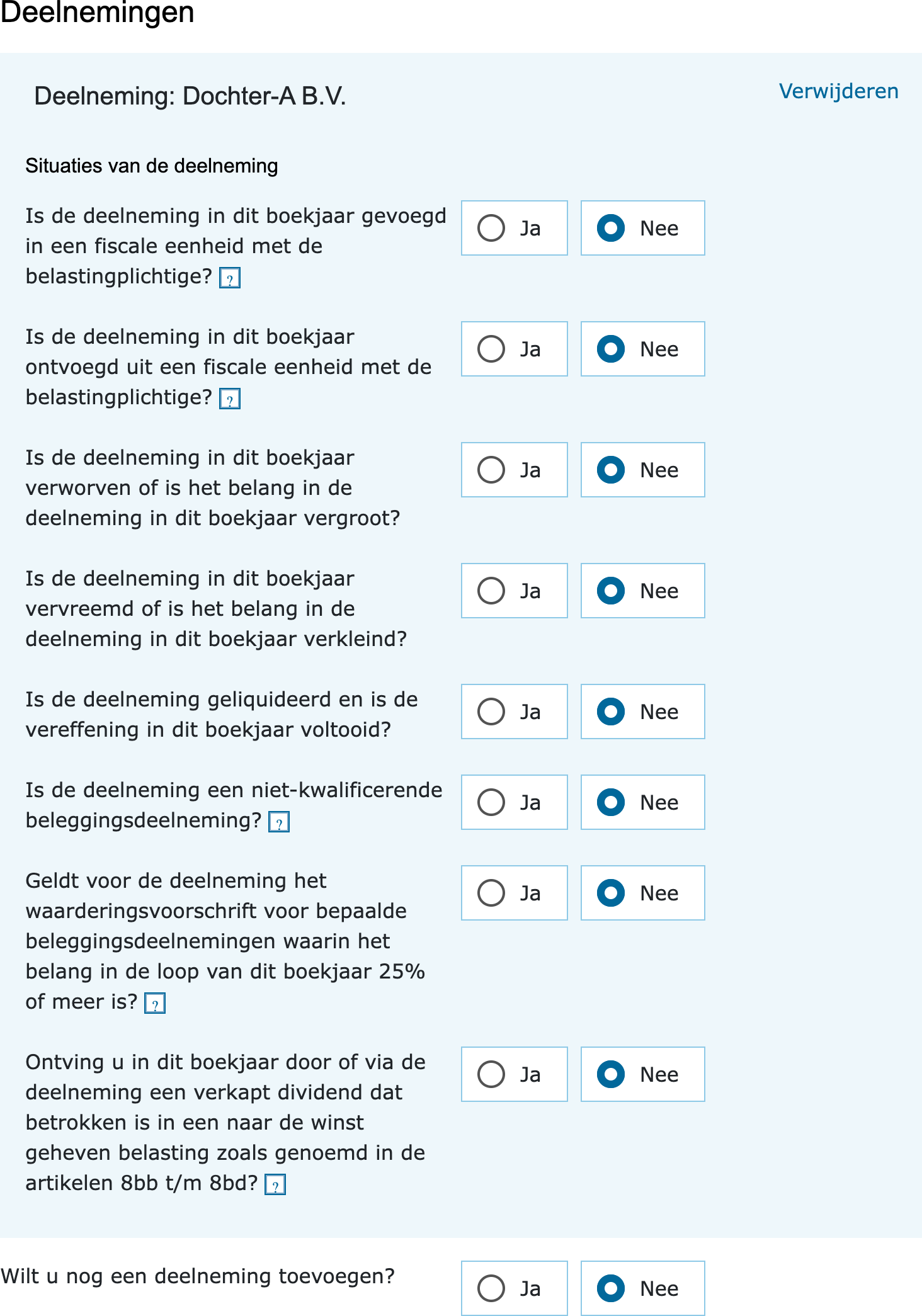 De acht vragen onder Situaties van de deelneming in de vpb-aangifte