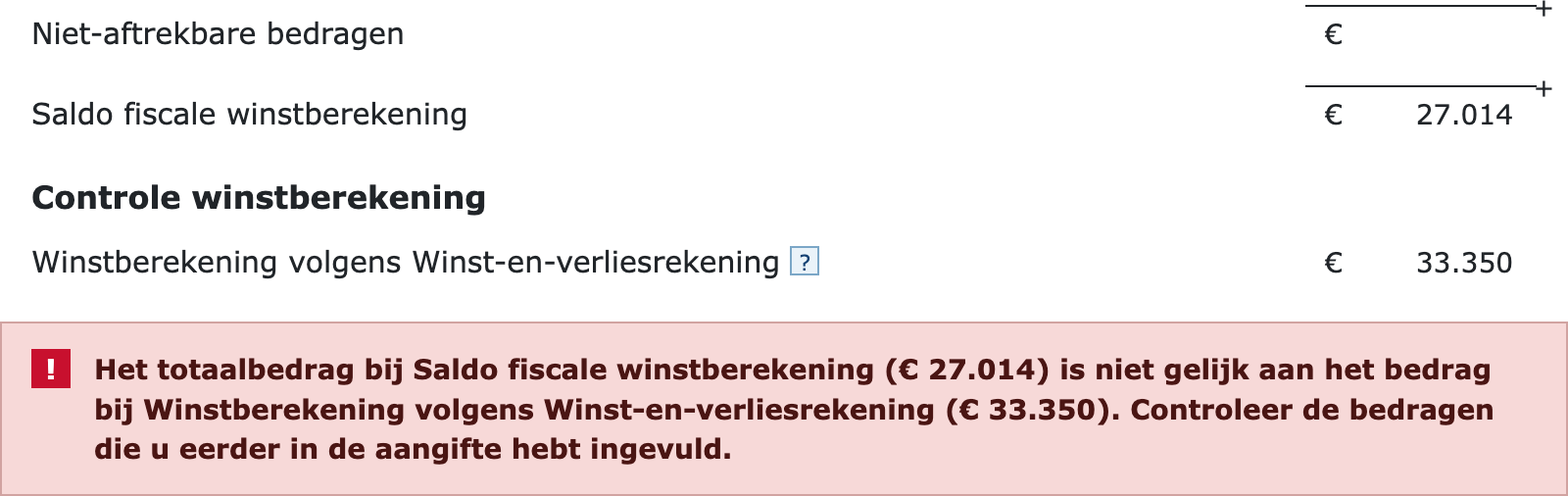 Melding groot verschil bij de controle winstberekening
