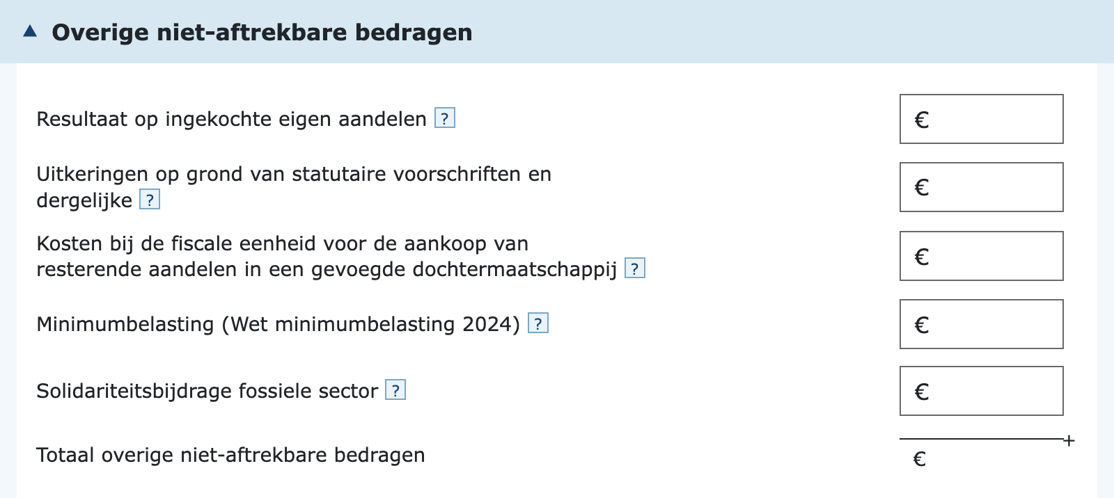 Invulvelden overige niet-aftrekbare bedragen in de vpb-aangifte
