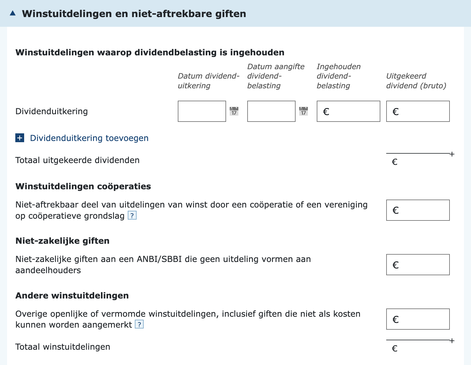 Invulvelden winstuitdelingen en niet-aftrekbare giften in de vpb-aangifte