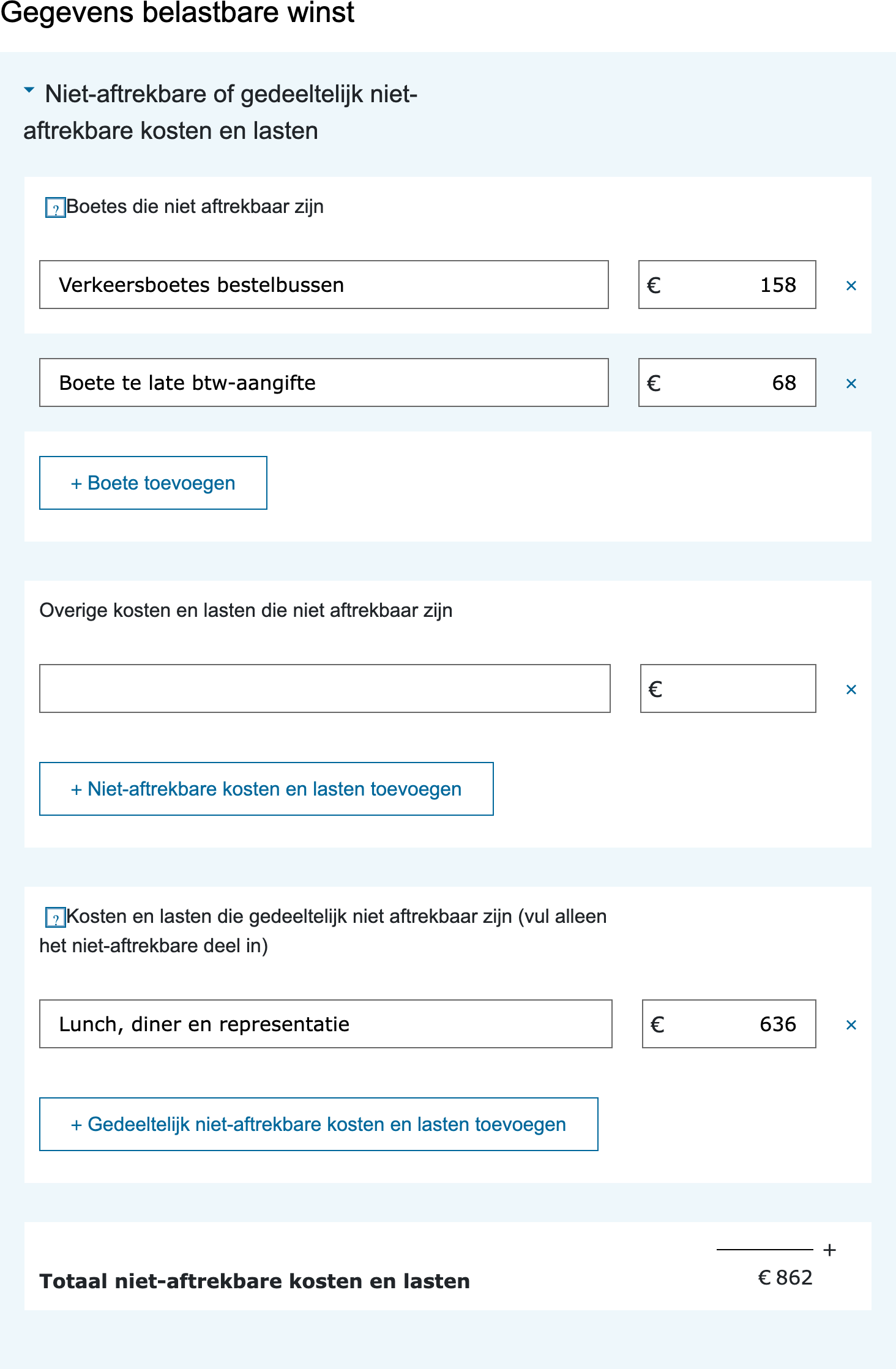 Invulvelden voor niet-aftrekbare en gedeeltelijk niet-aftrekbare kosten in de vpb-aangifte