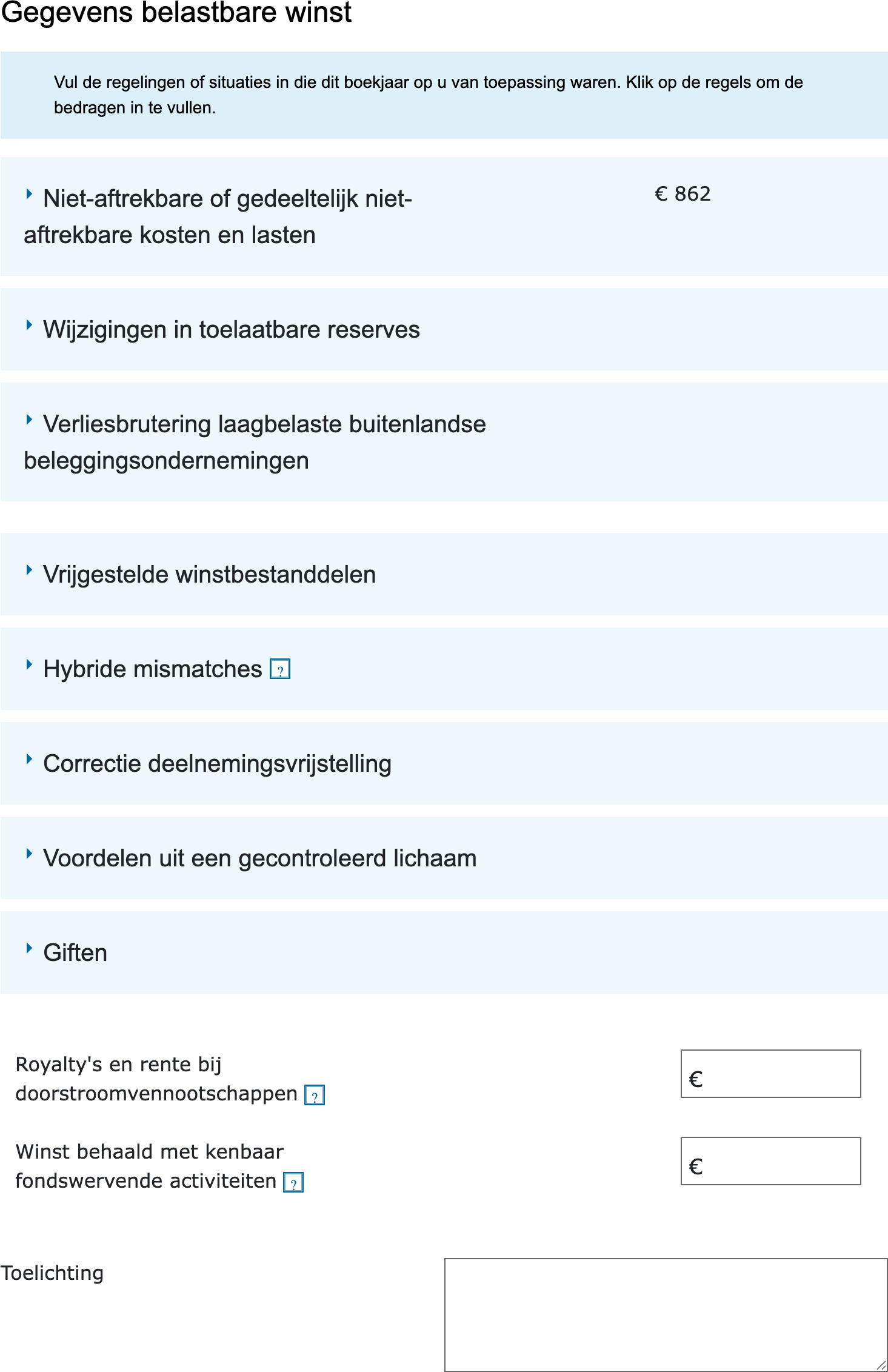 Overzicht van de blokken op het scherm Gegevens belastbare winst in de vpb-aangifte