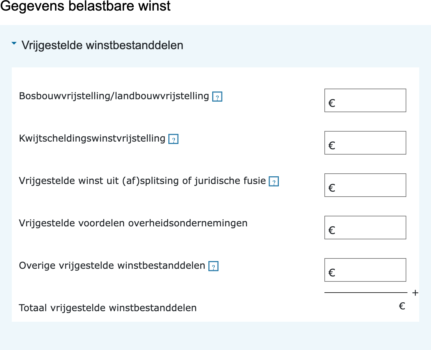 Invulvelden vrijgestelde winstbestanddelen in de vpb-aangifte