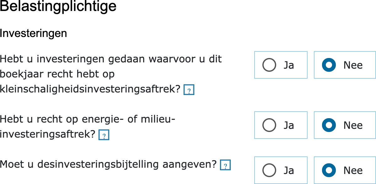 Het blok Investeringen op het scherm Belastingplichtige in de vpb-aangifte