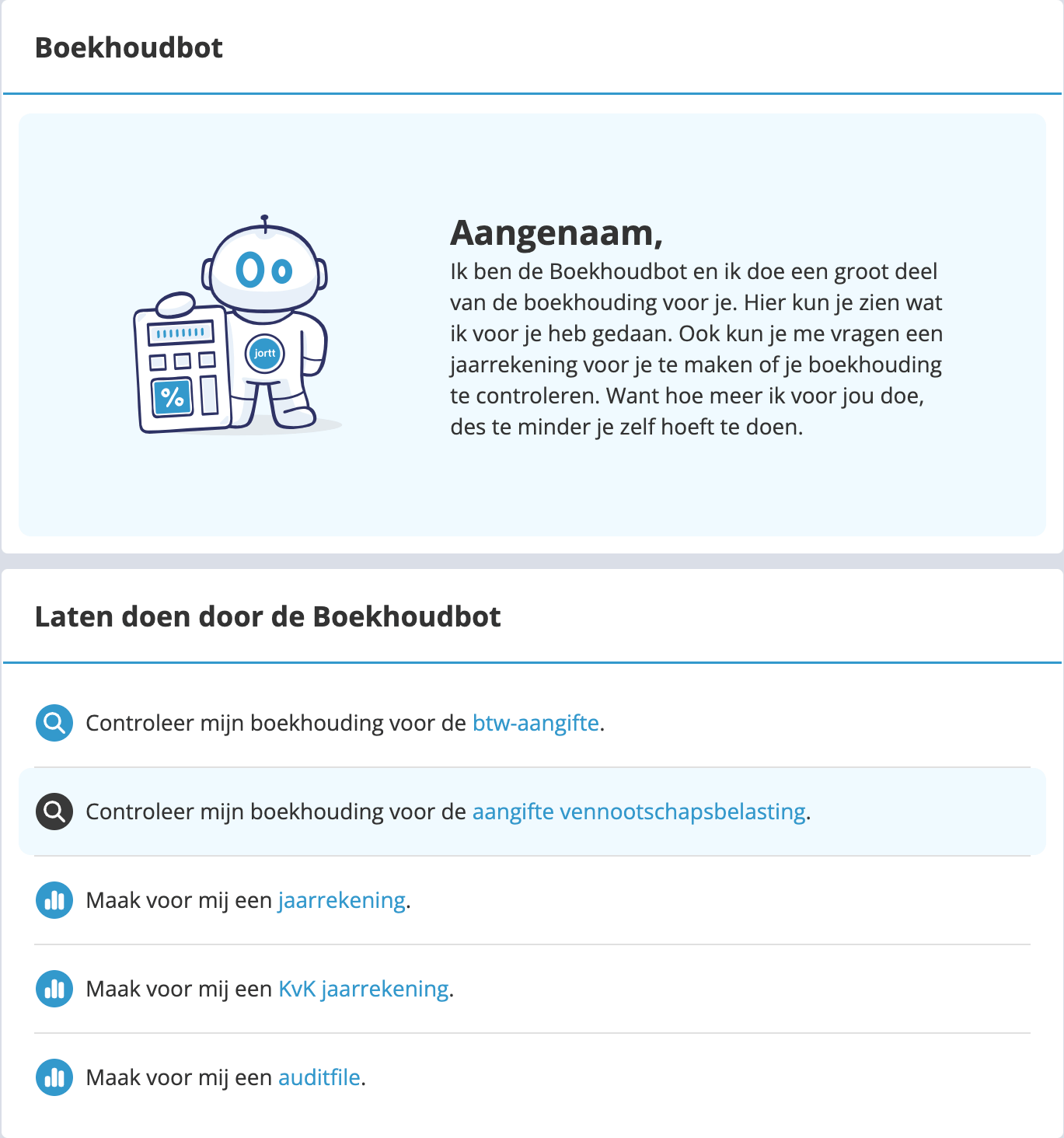 Het menu van de Boekhoudbot met Controleer mijn boekhouding voor de aangifte vennootschapsbelasting