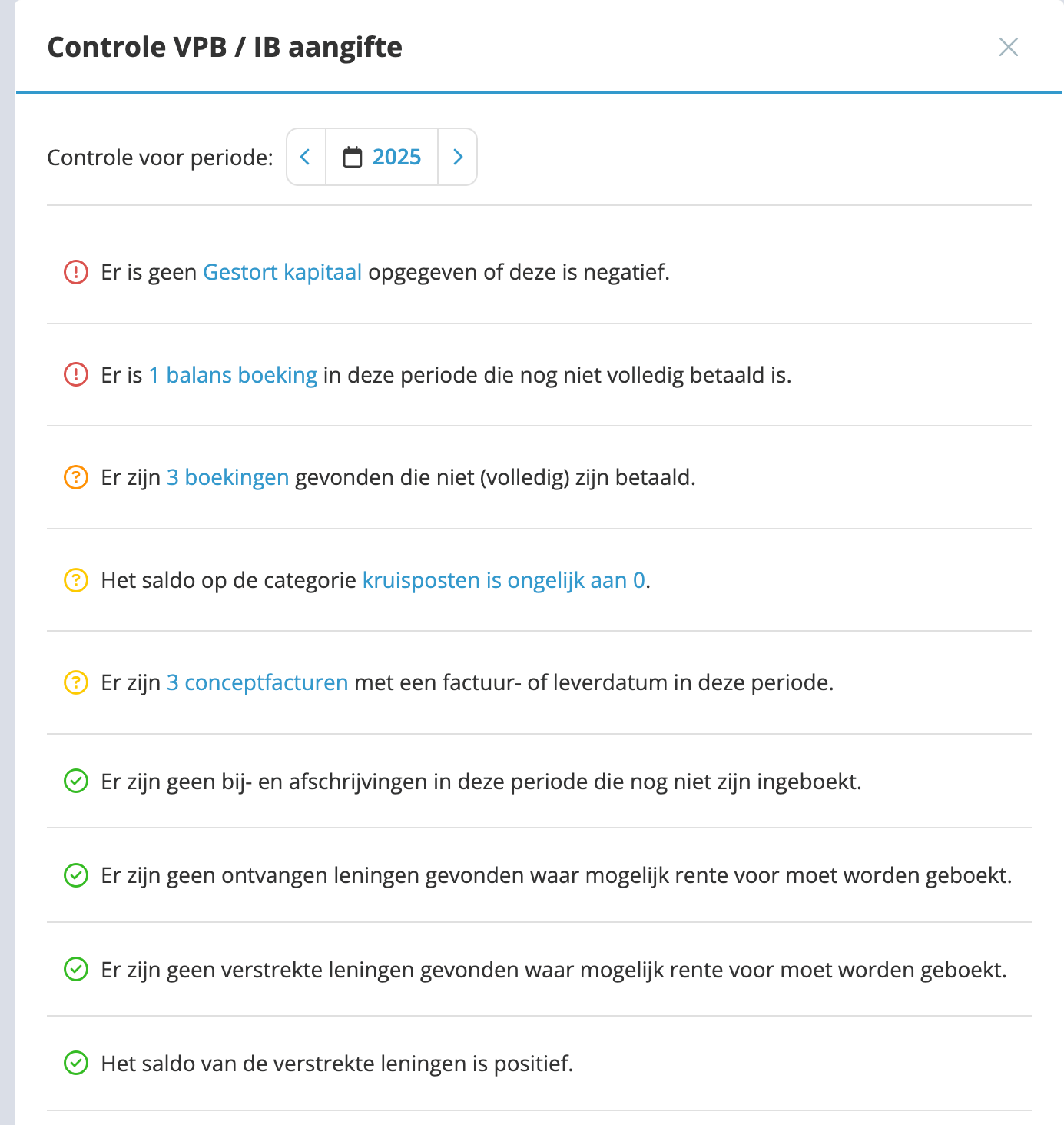 Het overzicht Controle VPB / IB aangifte van de Boekhoudbot in boekhoudprogramma jortt