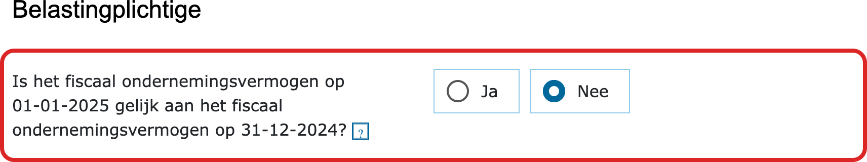 De vraag of het fiscaal ondernemingsvermogen op 1 januari gelijk is aan dat op 31 december, met Nee aangeklikt
