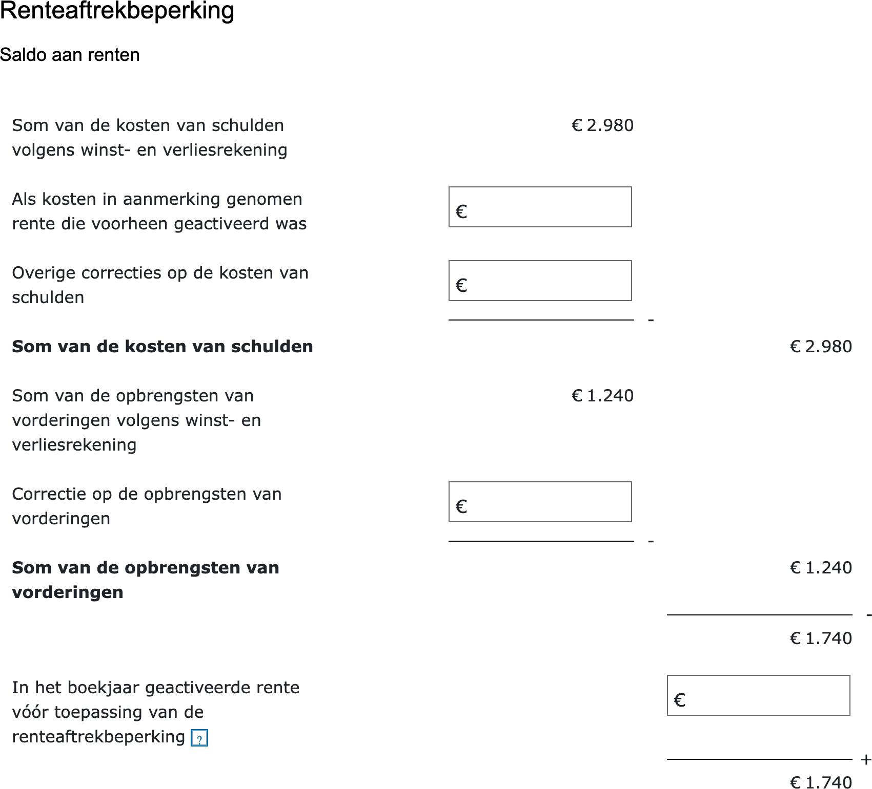 Invulvelden saldo aan renten in de vpb-aangifte