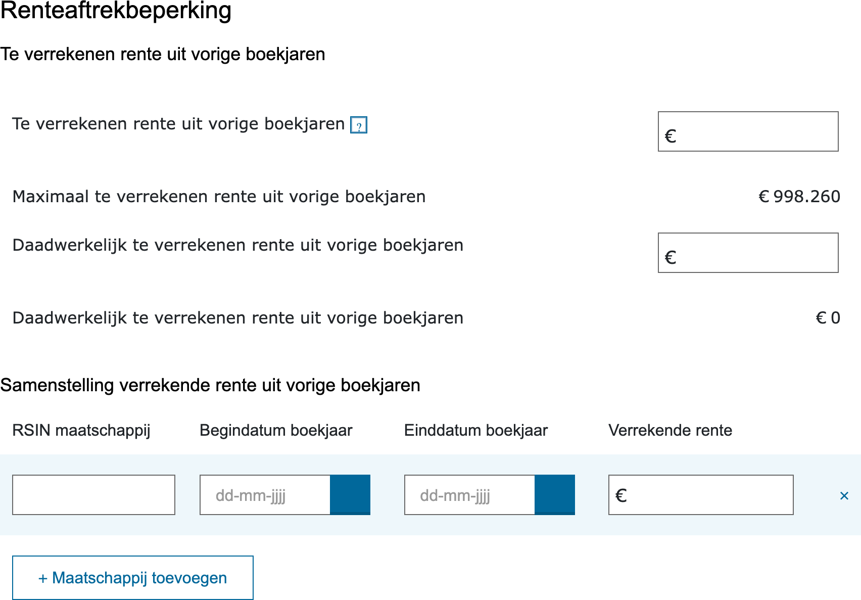 Invulvelden te verrekenen rente uit vorige boekjaren in de vpb-aangifte