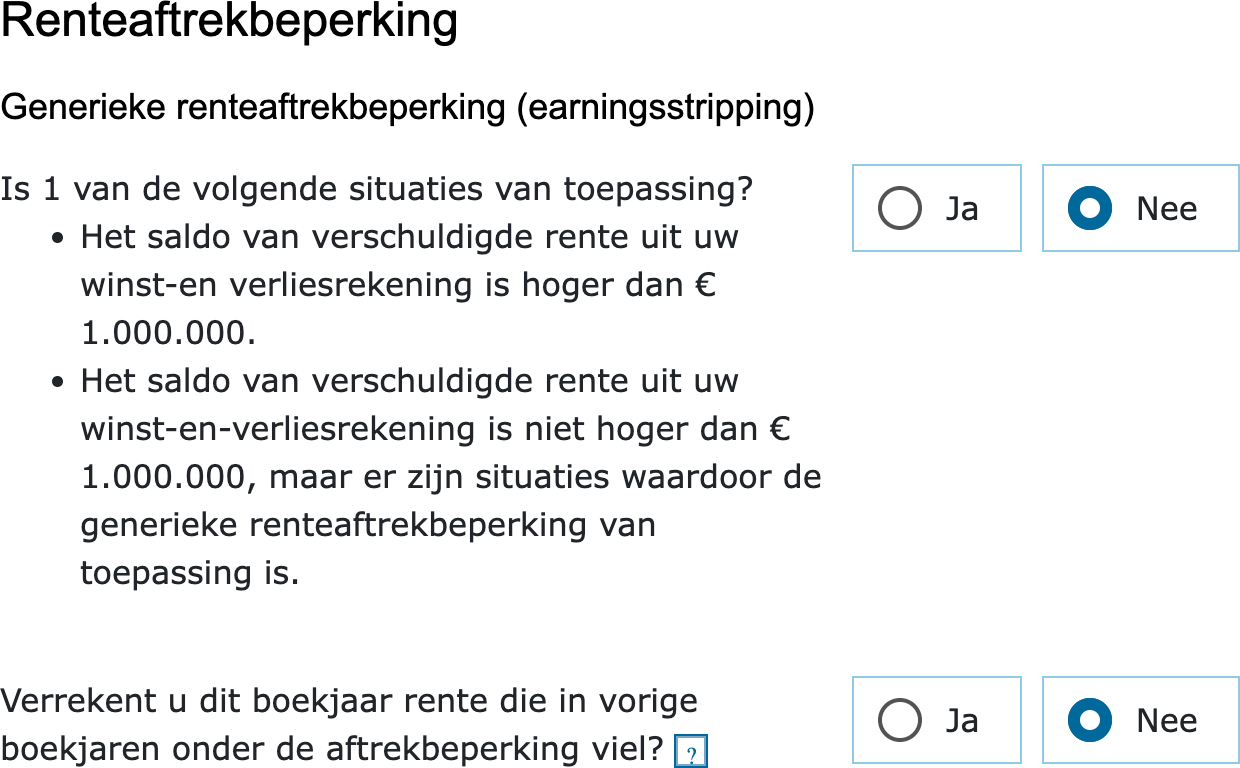 De twee openingsvragen van het scherm Renteaftrekbeperking in de vpb-aangifte