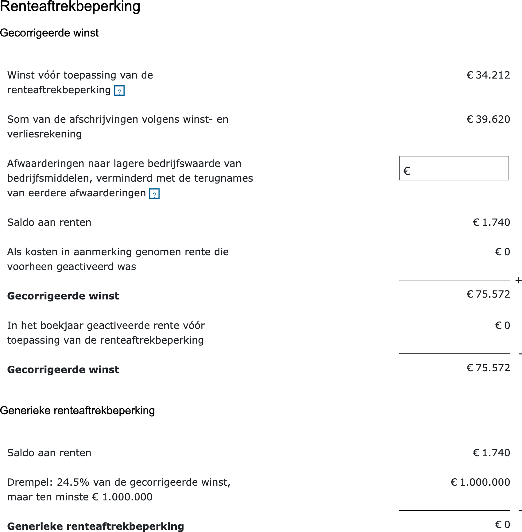 Invulvelden gecorrigeerde winst en de drempel van de renteaftrekbeperking in de vpb-aangifte