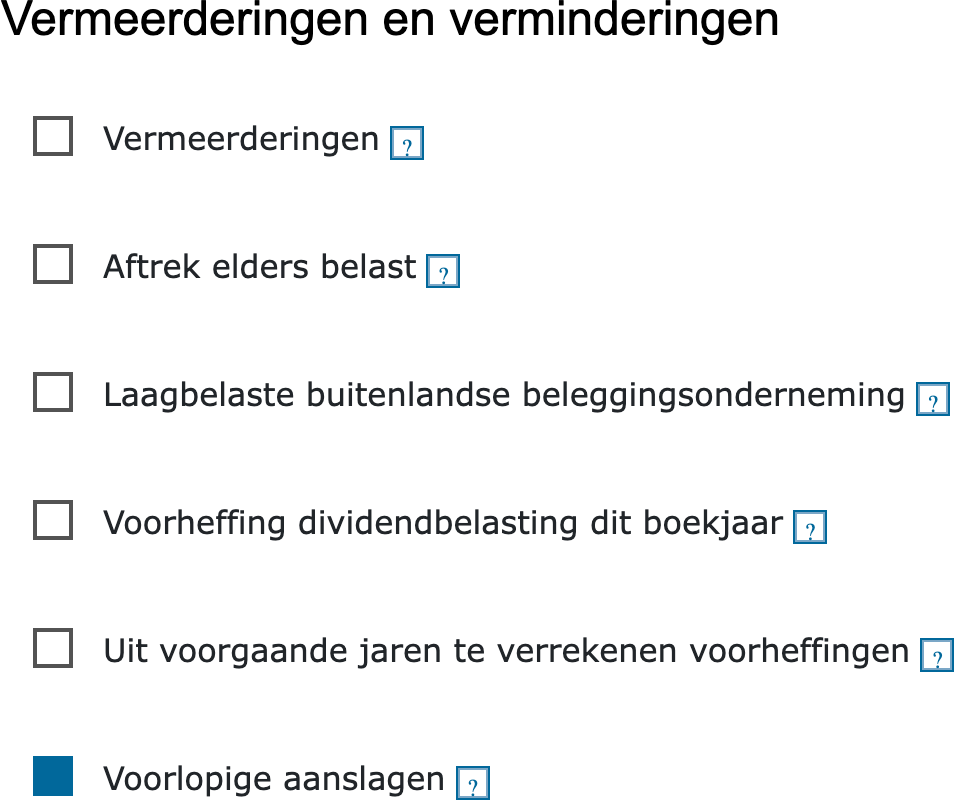 De aanvinkhokjes op het scherm Vermeerderingen en verminderingen in de vpb-aangifte
