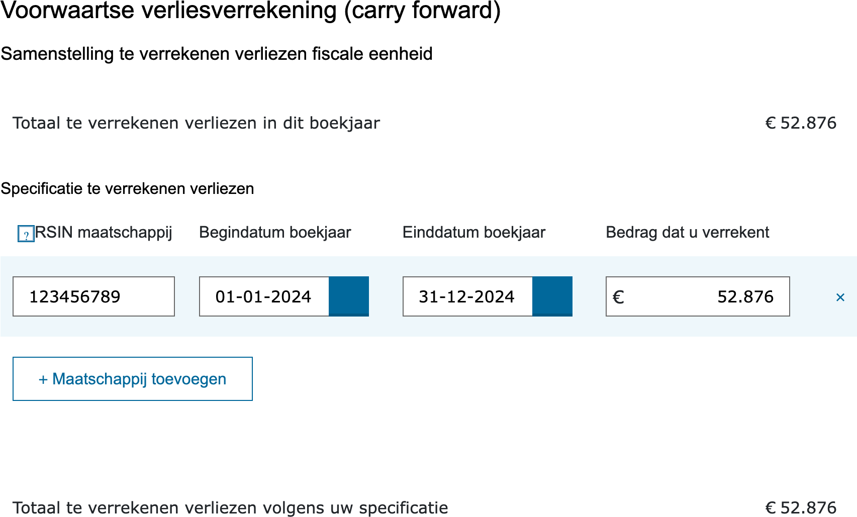 Specificatie van te verrekenen verliezen van een fiscale eenheid in de vpb-aangifte
