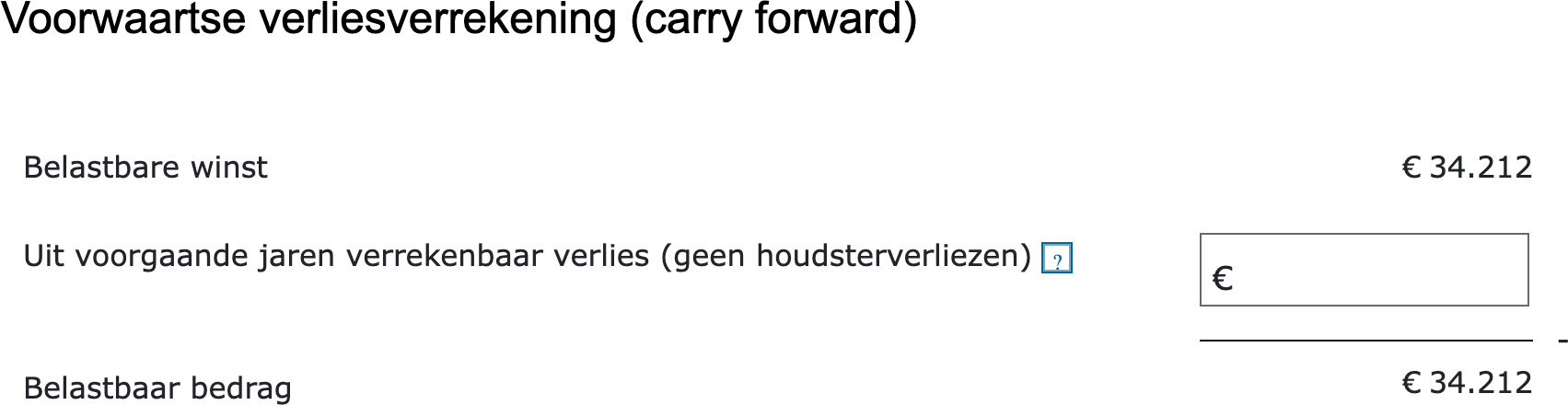 Het scherm voorwaartse verliesverrekening in de vpb-aangifte zonder verrekenbaar verlies