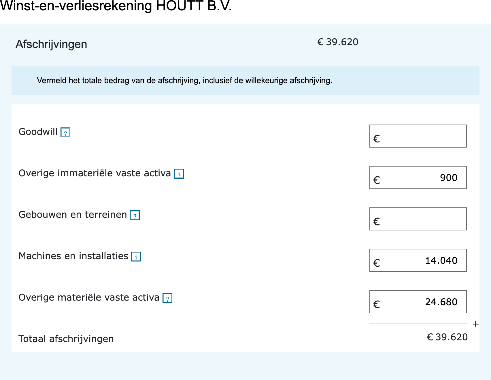 Het blok Afschrijvingen in de vpb-aangifte met de opdracht om het totale bedrag inclusief de willekeurige afschrijving te vermelden
