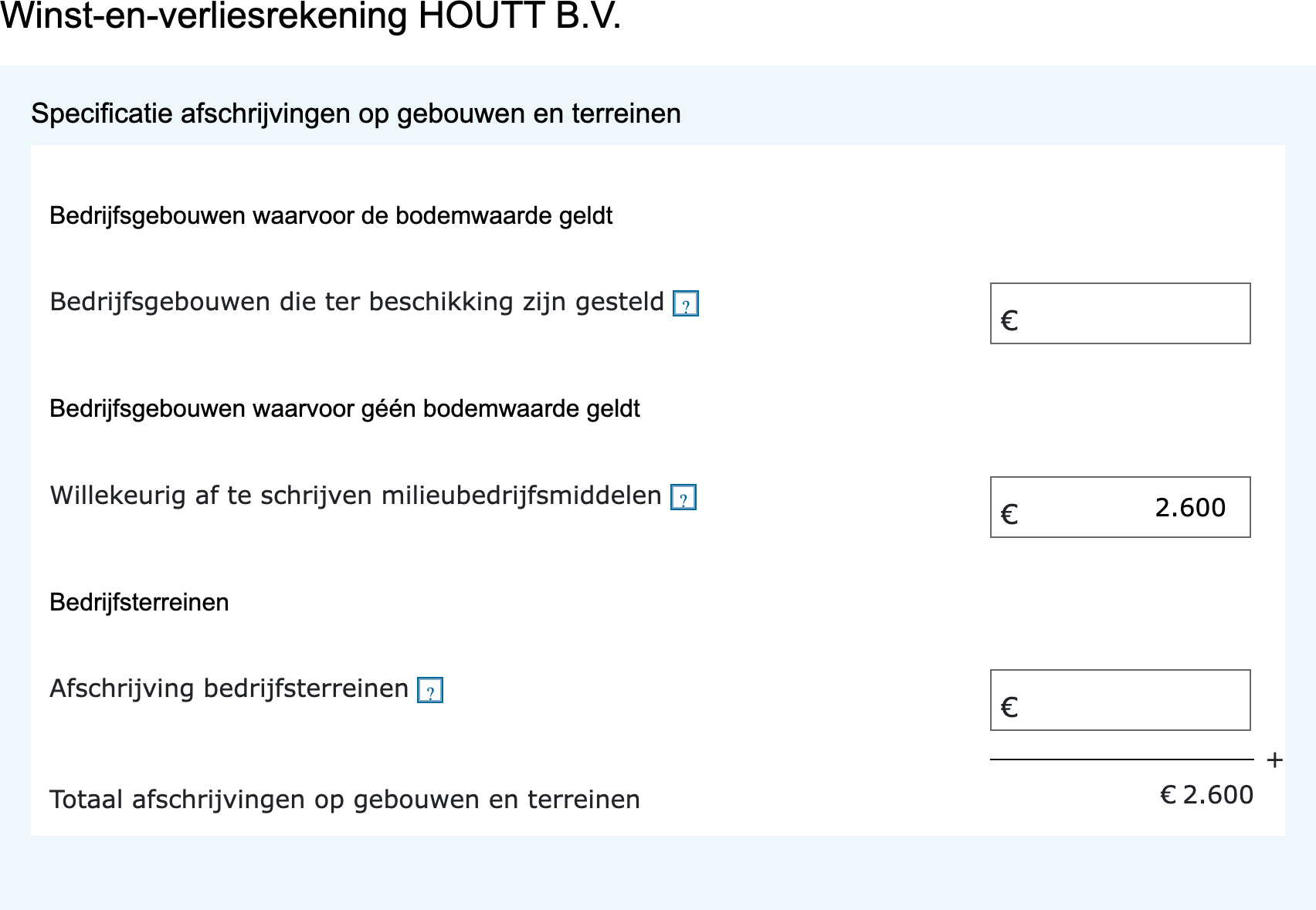 De specificatie afschrijvingen op gebouwen en terreinen met het veld Willekeurig af te schrijven milieubedrijfsmiddelen