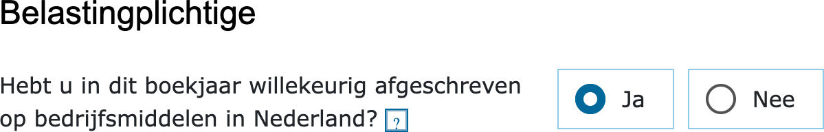 De vraag over willekeurig afschrijven op het scherm Belastingplichtige in de vpb-aangifte
