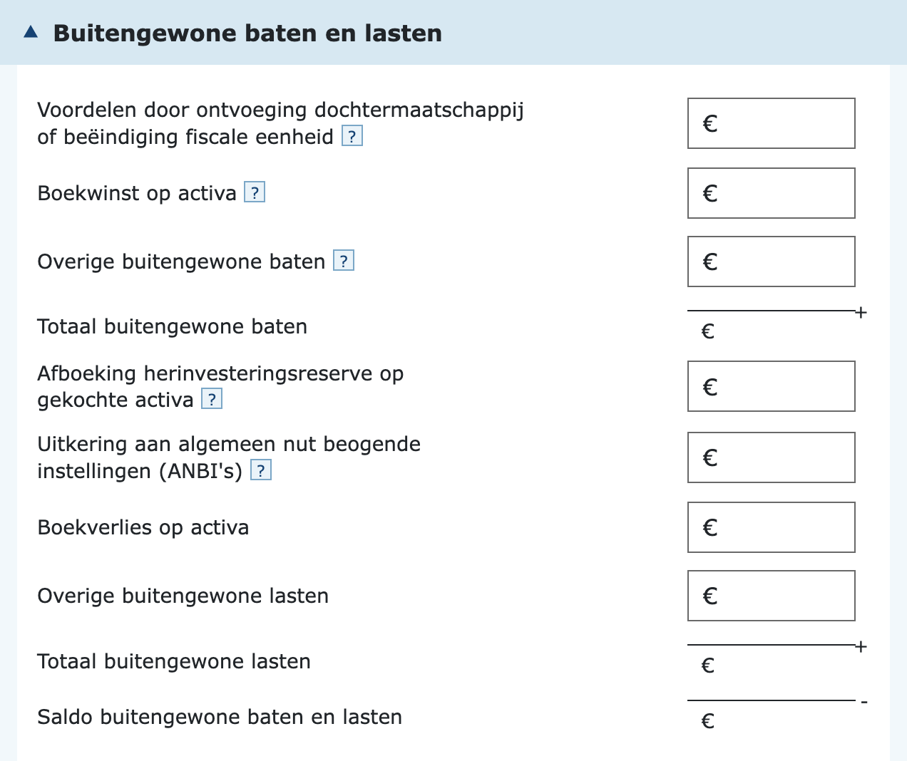 Invulvelden buitengewone baten en lasten in de vpb-aangifte