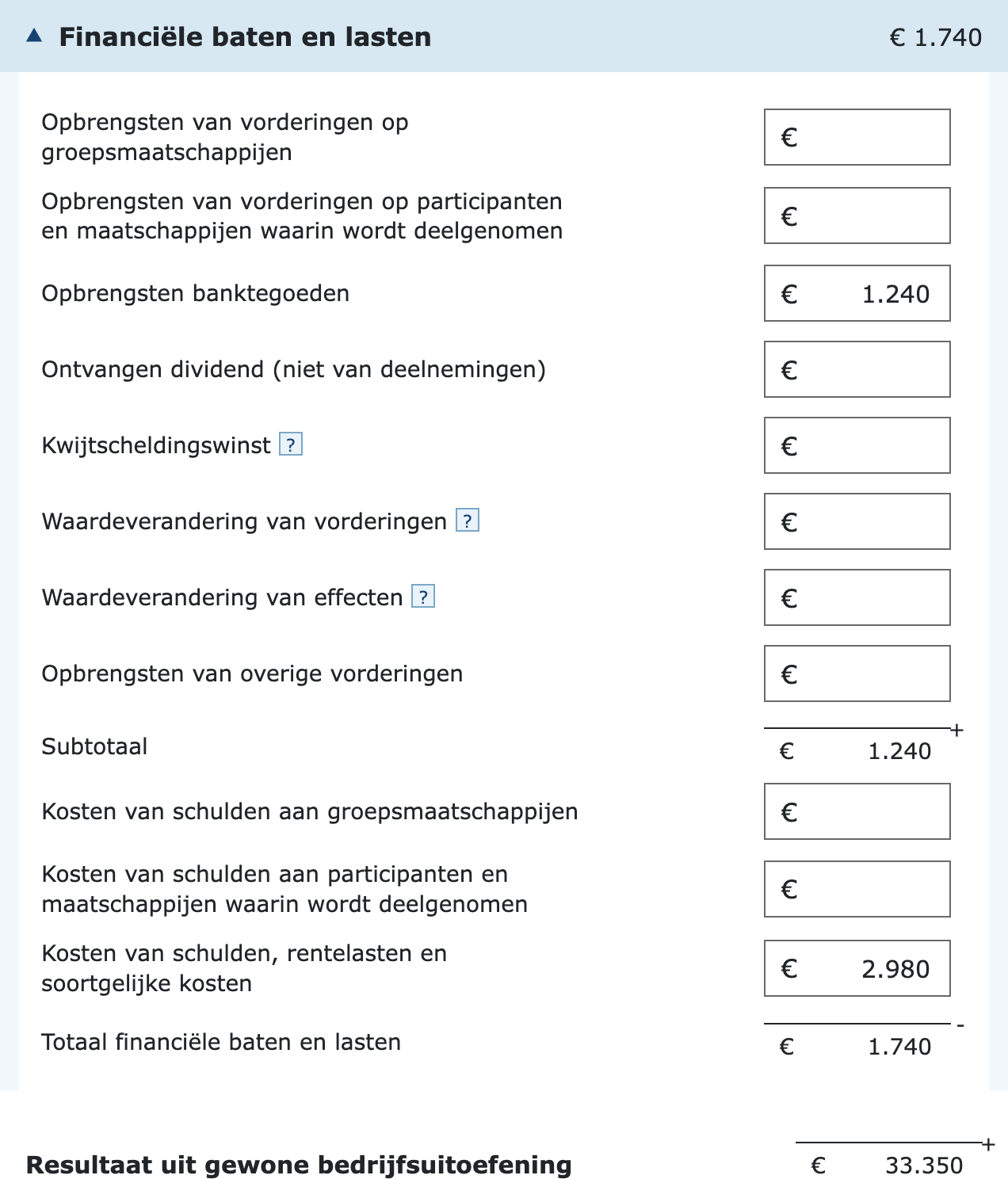 Invulvelden financiële baten en lasten in de vpb-aangifte