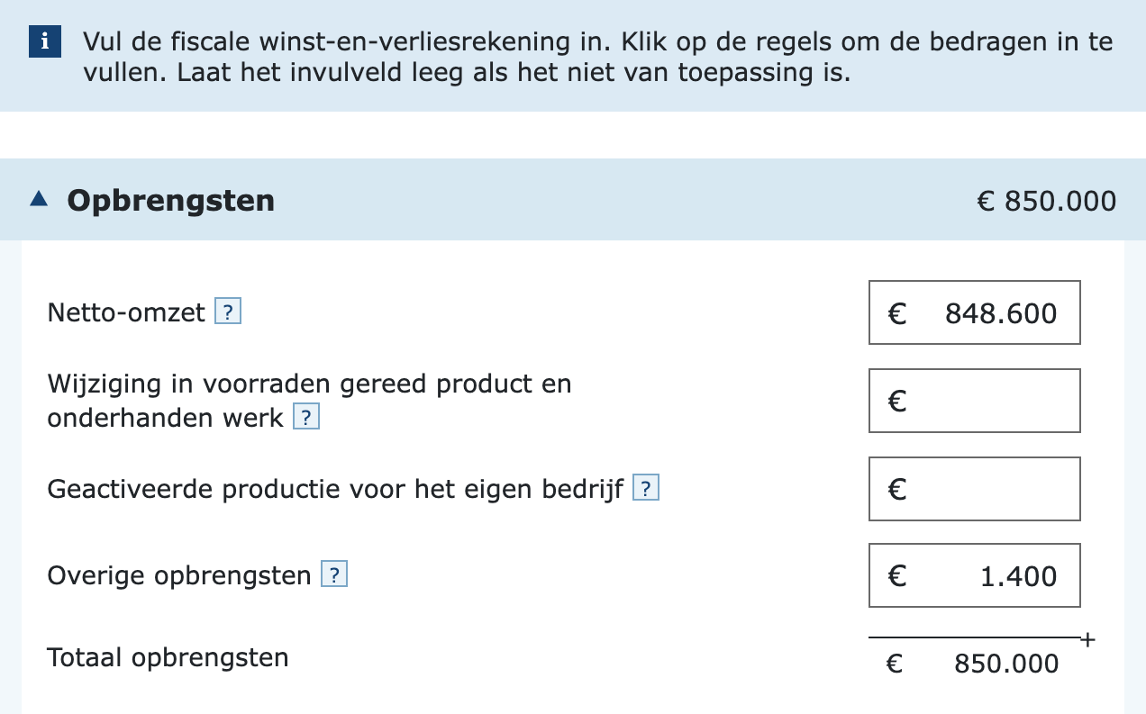 Invulvelden opbrengsten in de vpb-aangifte